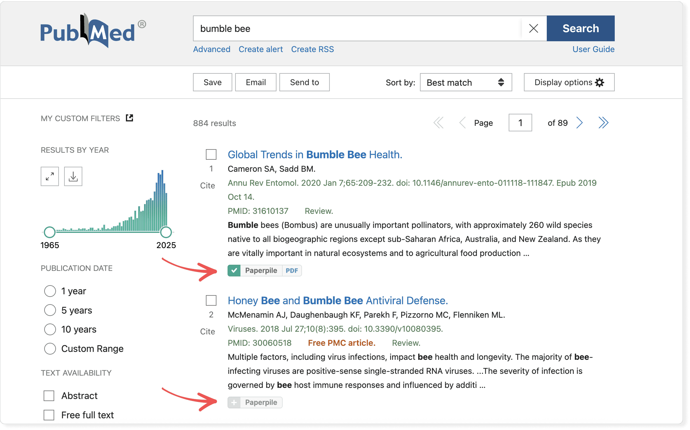 PubMed search results for “bumble bee” with red arrows pointing to Paperpile buttons beneath two results — the first a green tick with a PDF badge, the second an unsaved plus button.